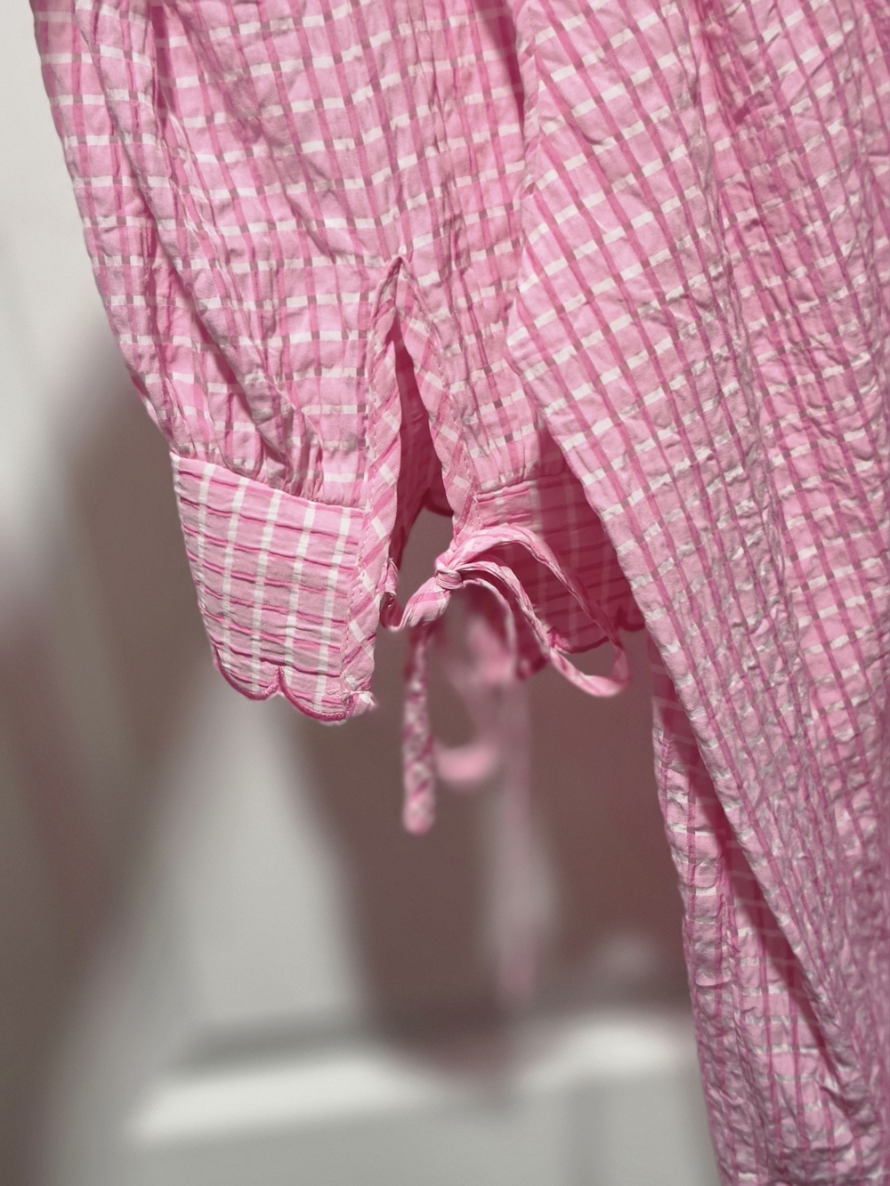 entro Pink Gingham Ruffle Neck Puff Sleeve Blouse - Picture 4 of 5